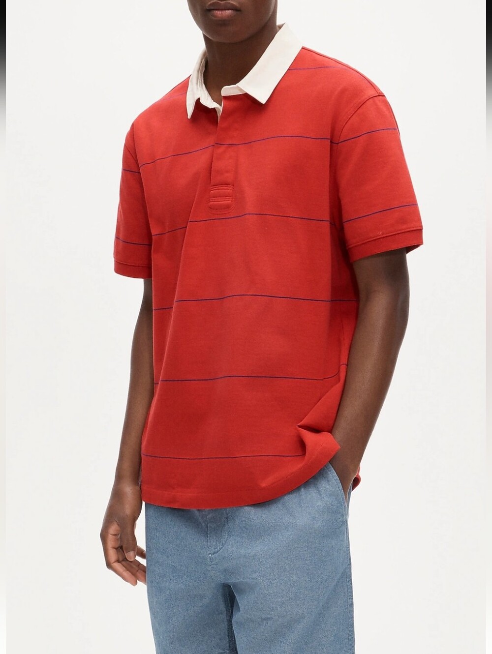 J. Crew Schooner Strip Red Polo with Cream Contrast Collar Men Size M New